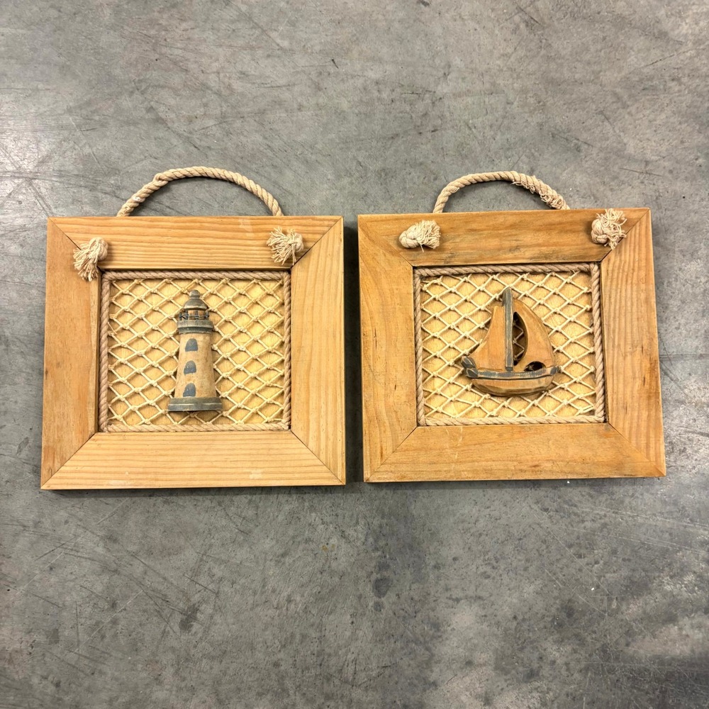Vintage Nautical Wood Wall Art Set Lighthouse Sailboat Rope Fishnet Decor 2pc